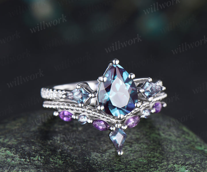 Pear cut alexandrite engagement ring set kite alexandrite half eternity diamond marquise amethyst stacking bridal set