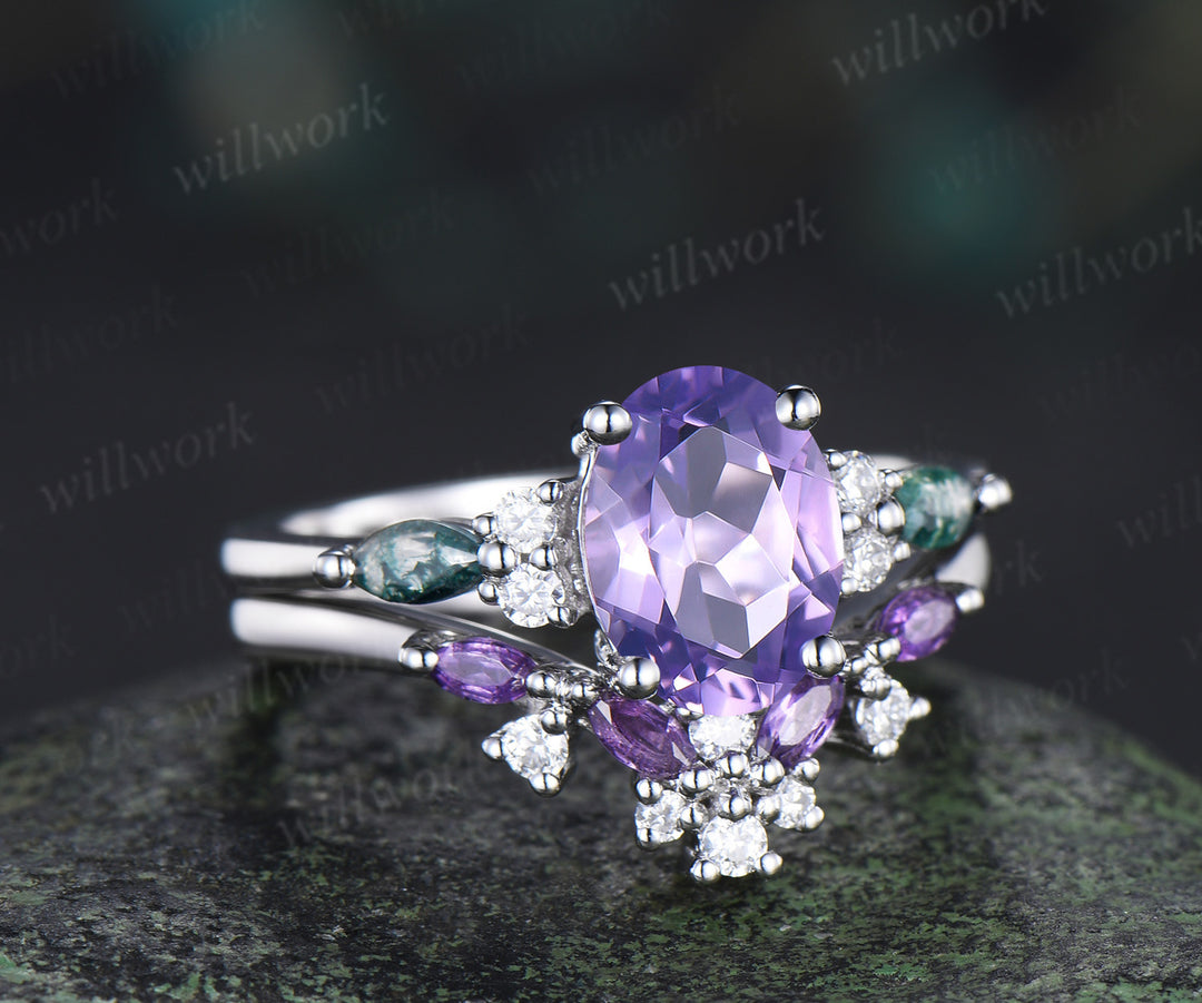 Oval cut lavender amethyst ring set moss agate moissanite engagement ring marquise amethyst wedding band unique bridal set