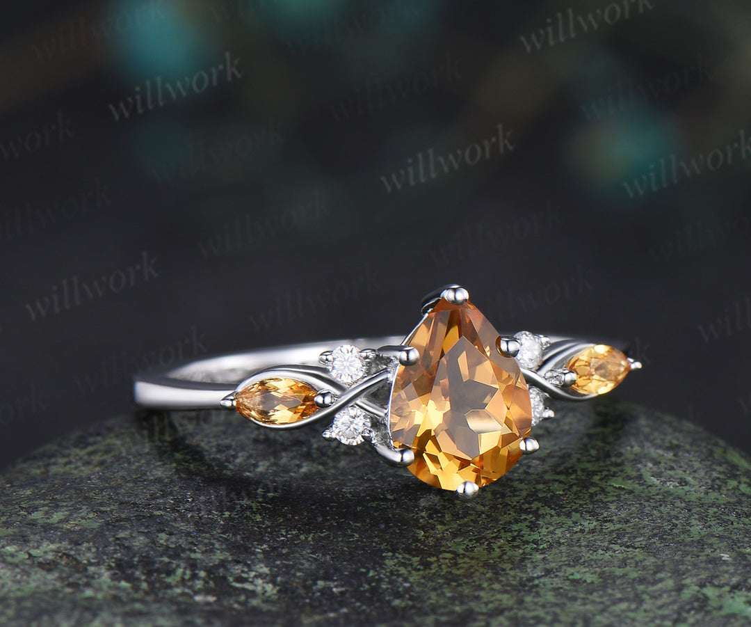 Pear Citrine Seven Stone Engagement Ring & Bold Tungsten Men Wedding Band Couple Rings