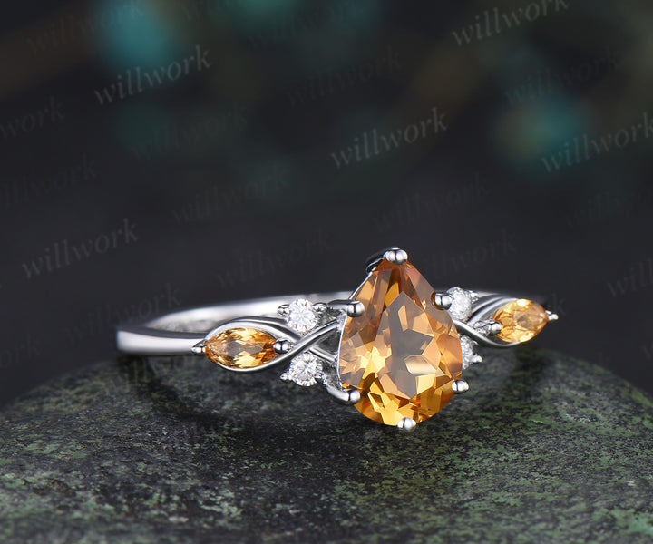 Pear Citrine Seven Stone Engagement Ring & Bold Tungsten Men Wedding Band Couple Rings