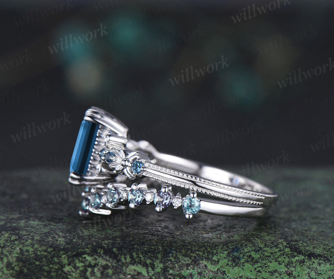 Vintage emerald cut London blue topaz engagement ring set filigree art deco blue topaz ring half eternity alexandrite wedding band bridal set