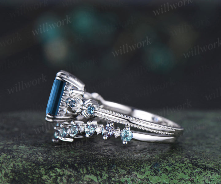 Vintage emerald cut London blue topaz engagement ring set filigree art deco blue topaz ring half eternity alexandrite wedding band bridal set