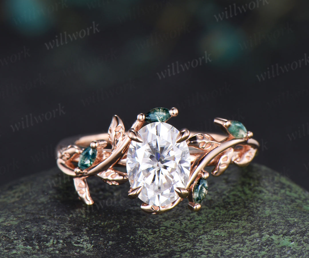 Vintage oval cut lab grown diamond engagement ring set leaf twig moss agates ring natural inspired bridal set