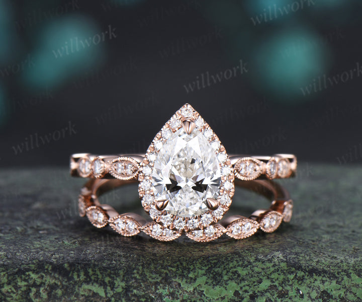 Vintage pear cut Lab grown diamond ring set halo half eternity diamond promise ring milgrain art deco band bridal set