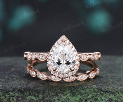 Vintage pear cut Lab grown diamond ring set halo half eternity diamond promise ring milgrain art deco band bridal set