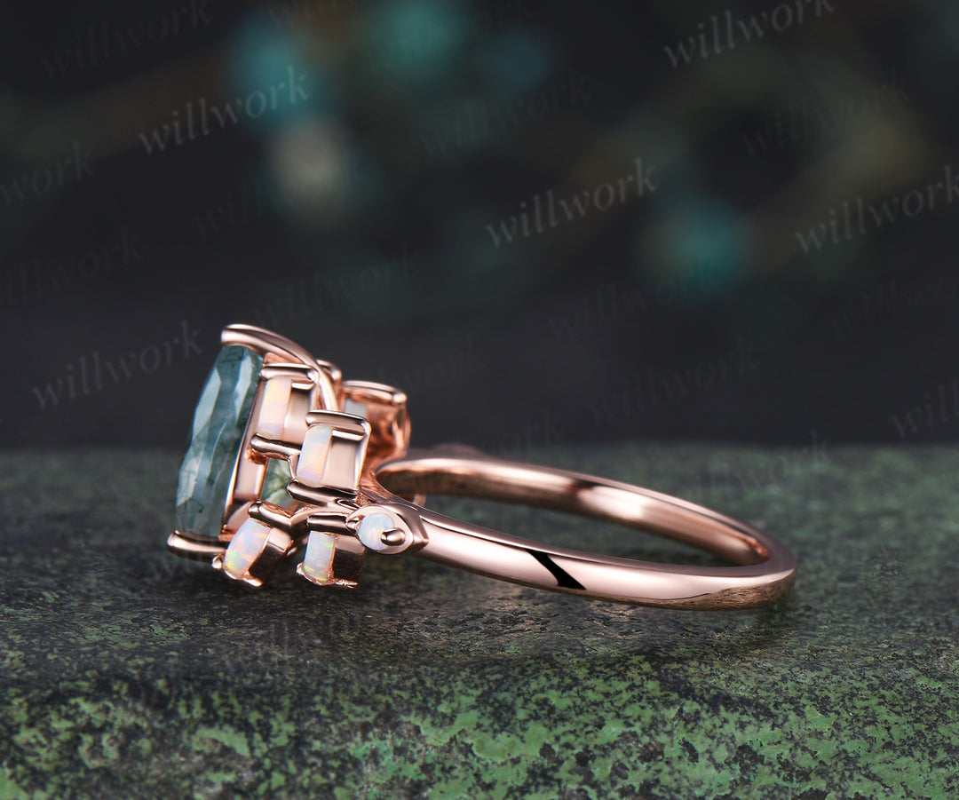 Unique pear moss agate ring leaf inspired opals engagement ring split shank bridal ring