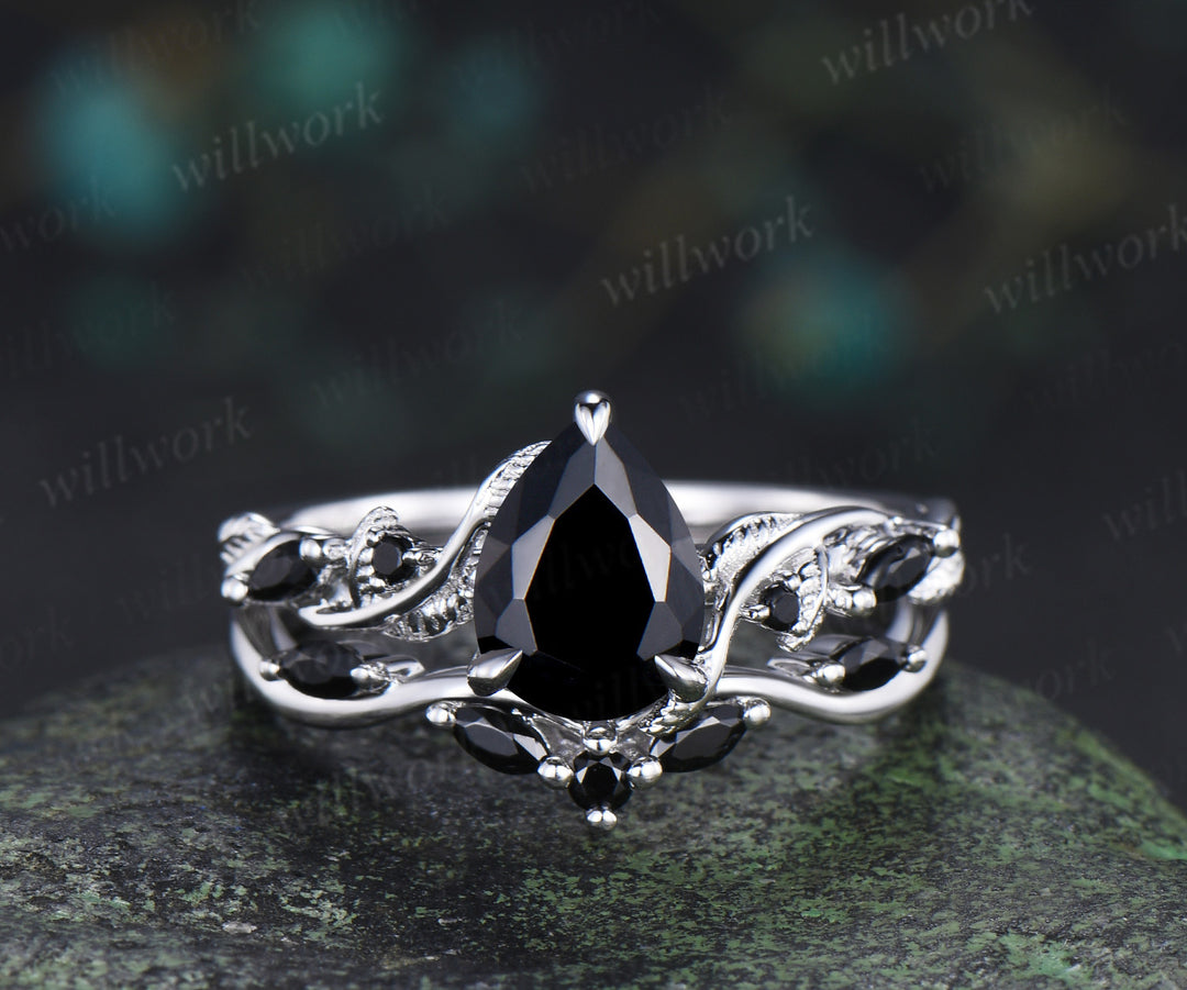 Pear Cut Black Onyx Leaf Twig Bridal Ring Set & Full Eternity Black Onyx Black Spinels Men Ring Unique Couple Ring Set