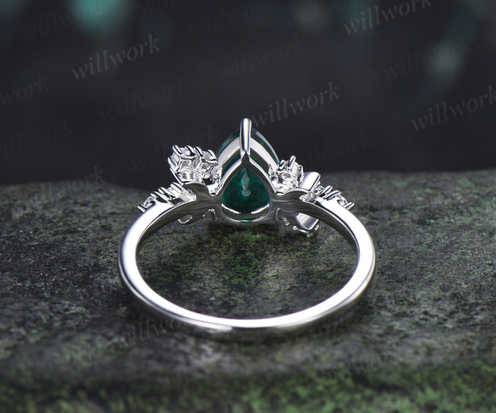 Teardrop Emerald Engagement Ring Art Deco Moon Moissanite Cluster Promise Ring Unique Wedding Ring