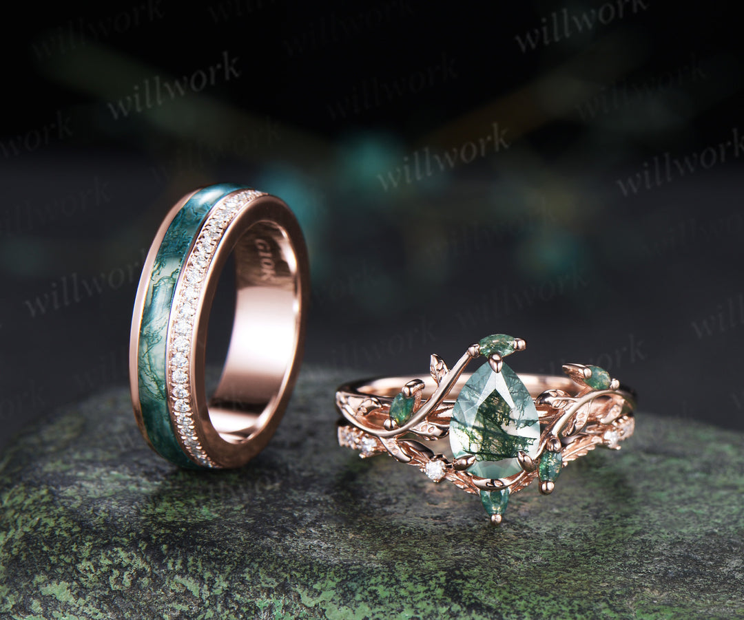 Pear Moss Agate Twig Leaf Ring Set & Full Eternity Moss Agate Moissanites Men Wedding Ring Unique Couple Ring Set