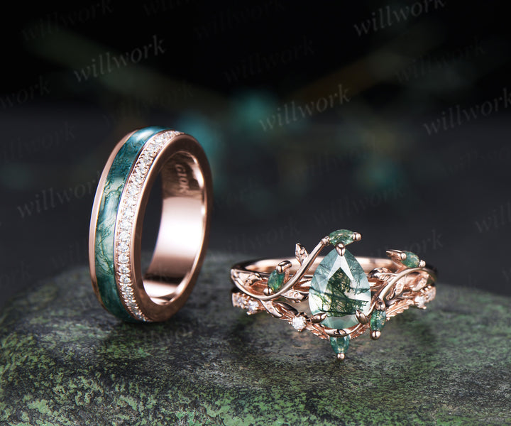 Pear Moss Agate Twig Leaf Ring Set & Full Eternity Moss Agate Moissanites Men Wedding Ring Unique Couple Ring Set