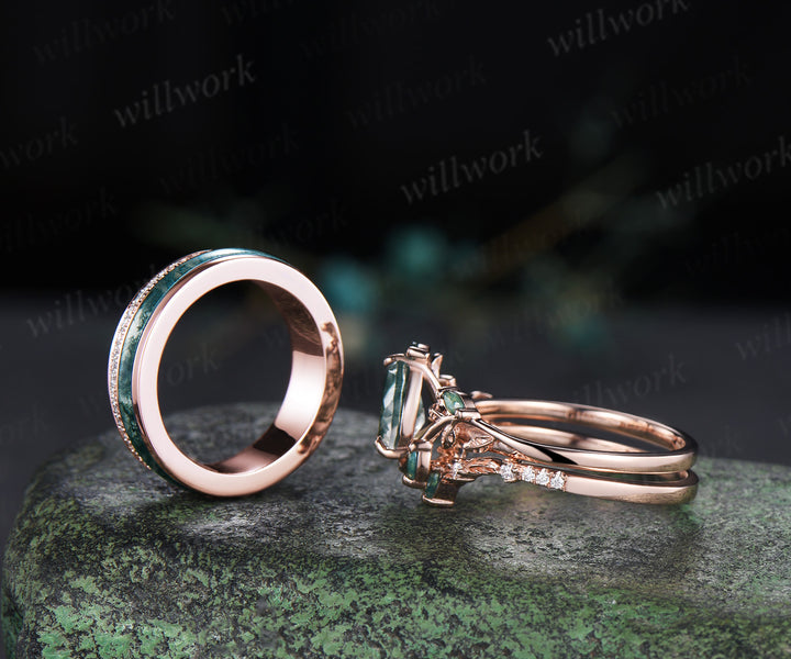 Pear Moss Agate Twig Leaf Ring Set & Full Eternity Moss Agate Moissanites Men Wedding Ring Unique Couple Ring Set