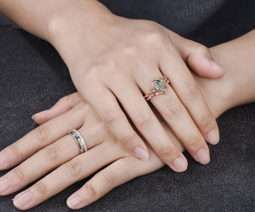 Pear Moss Agate Twig Leaf Ring Set & Full Eternity Moss Agate Moissanites Men Wedding Ring Unique Couple Ring Set