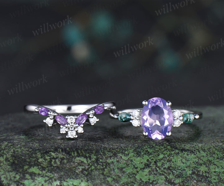 Oval cut lavender amethyst ring set moss agate moissanite engagement ring marquise amethyst wedding band unique bridal set