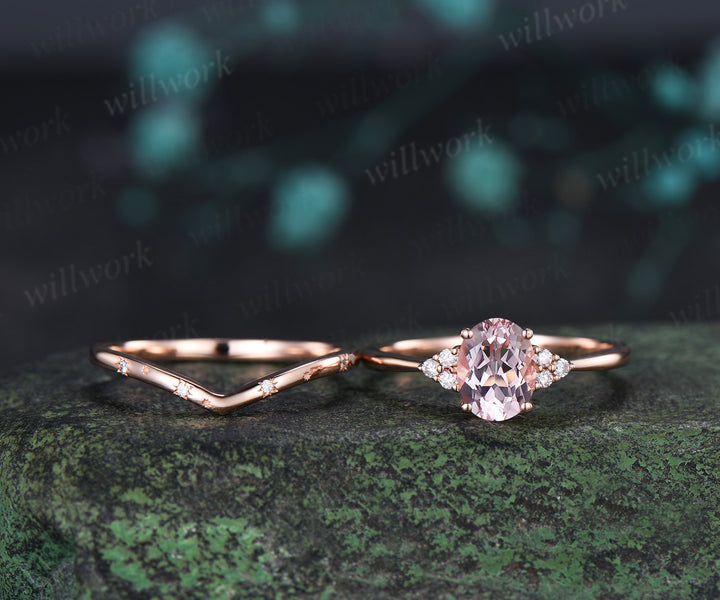 Oval Cut Pink Engagement Ring Set Diamond Cluster Ring Star Wedding Band Unique Seven Stone Bridal Set