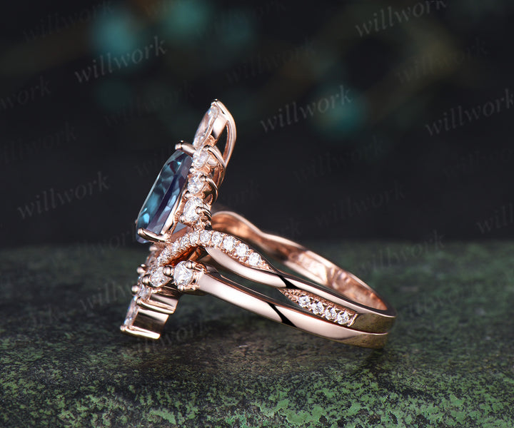 Pear Alexandrite engagement ring set halo art deco moissanite twisted ring set curved matching wedding band jewelry set