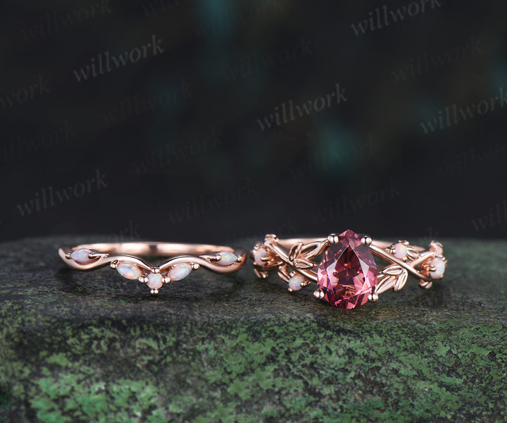 Pear cut natural pink tourmaline leaf engagement ring set nature inspired twig accent opal ring bridal set