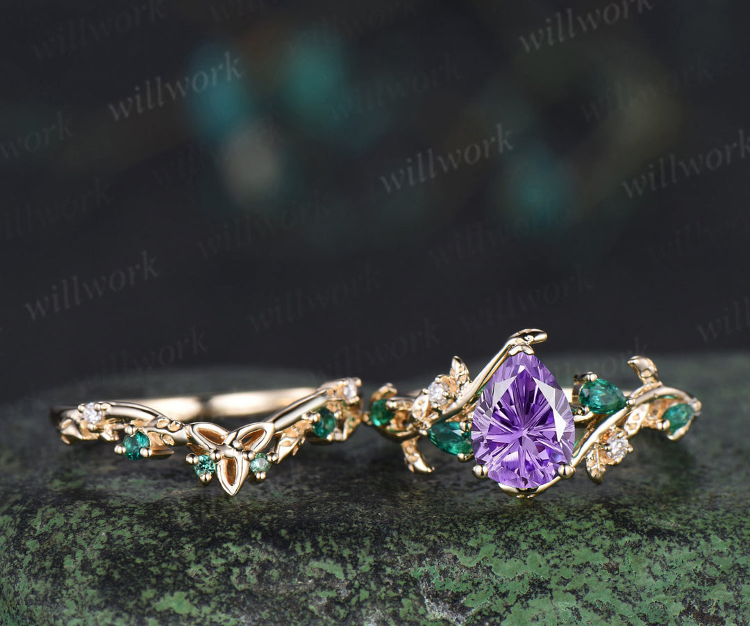 Teardrop Fireworks Cut Amethyst Engagement Ring Leafy Vine Emerald Accent Promise Ring Vintage Celtic Knot Wedding Band Bridal Set