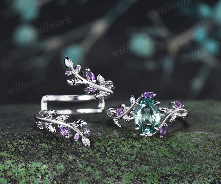 Oval Cut Green Sapphire Leaf Vine Engagement Ring Amethyst Enhancer Wrap Band Nature Inspired Bridal Set