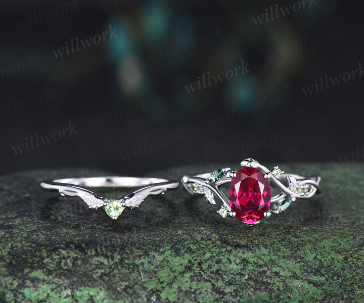 Oval cut ruby engagement ring set split shank marquise moss agate leaf infinity ring peridot vines wedding band