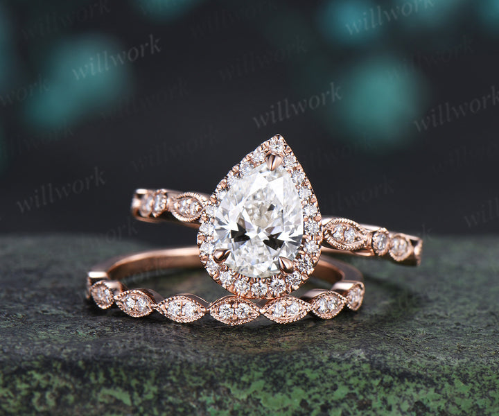Vintage pear cut Lab grown diamond ring set halo half eternity diamond promise ring milgrain art deco band bridal set