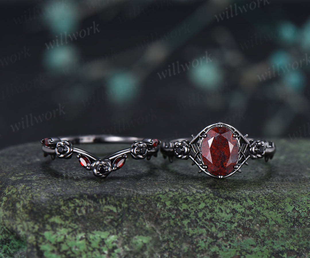 Gothic Oval Bloodstone Engagement Ring Set Black Gold Rose Thorn Ring Black Spinel & Garnet Accent Matching Wedding Band Unique Bridal Set
