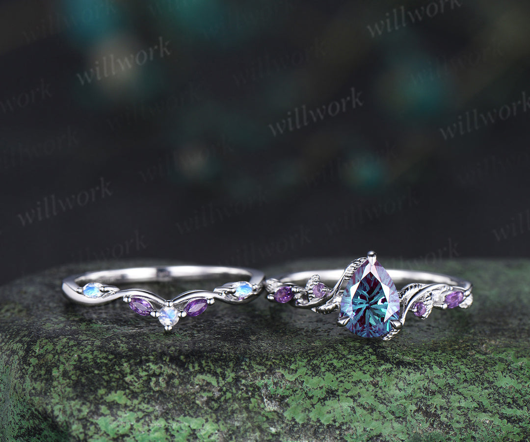 Fireworks cut Alexandrite ring white gold nature inspired bridal ring set leaf amethyst moonstone band gifts for her