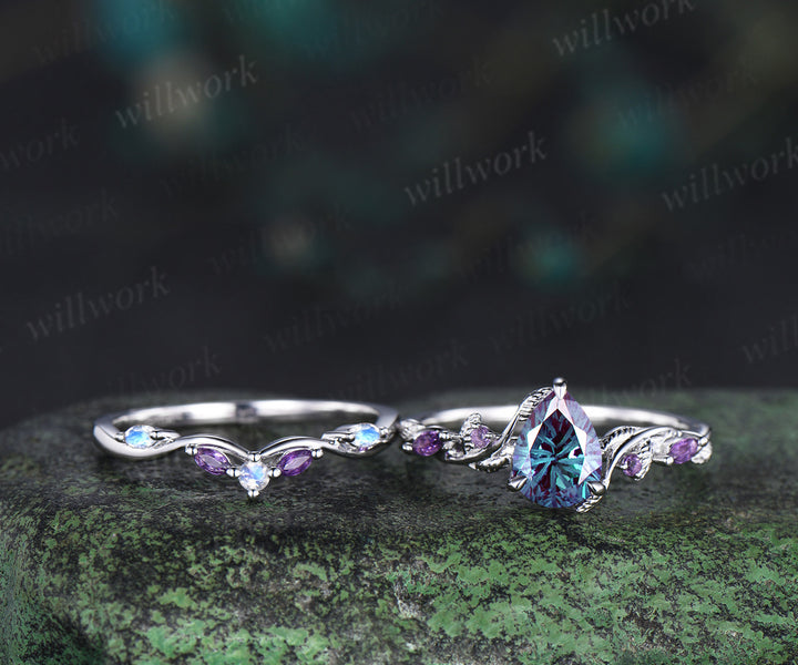 Fireworks cut Alexandrite ring white gold nature inspired bridal ring set leaf amethyst moonstone band gifts for her