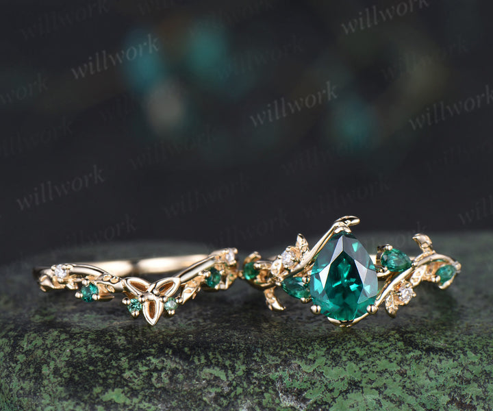Vintage pear cut emerald engagement ring set pear emerald leaf twig ring celtic knot leaf wedding band unique bridal set