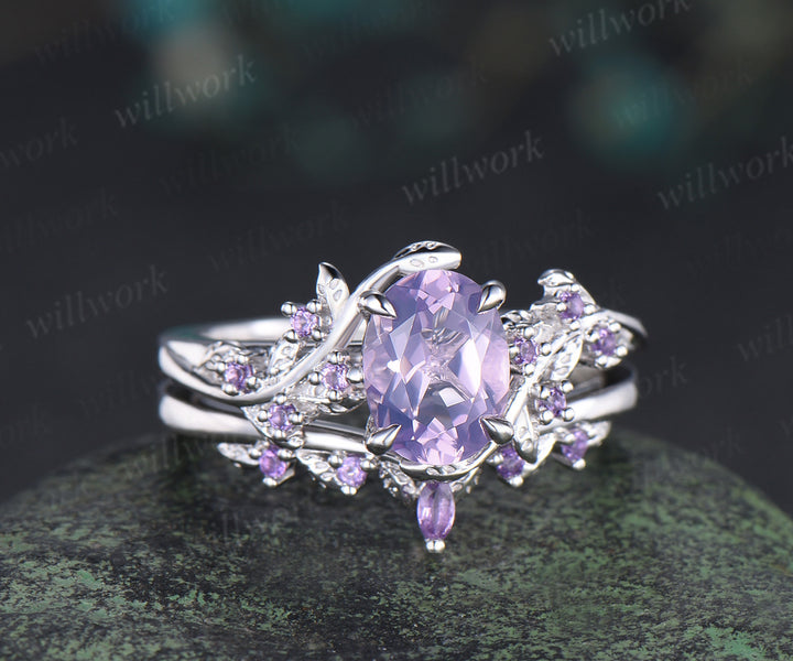 Vintage oval cut Lavender Amethyst engagement ring set amethyst leaf ring curved marquise purple crystal band unique bridal set