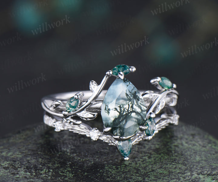 Pear Moss Agate Twig Leaf Ring Set & 5mm Moss Agate Opal Garnet Men Ring Unique Couple Ring Set