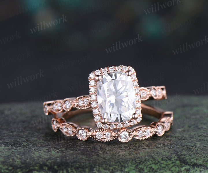 6x8mm cushion cut moissanite engagement ring set rose gold unique halo milgrain ring art deco diamonds half eternity wedding band antique bridal set