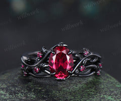 Oval ruby ring set nature inspired black gold engagement ring curved ruby infinity wedding band July birthstone gifts