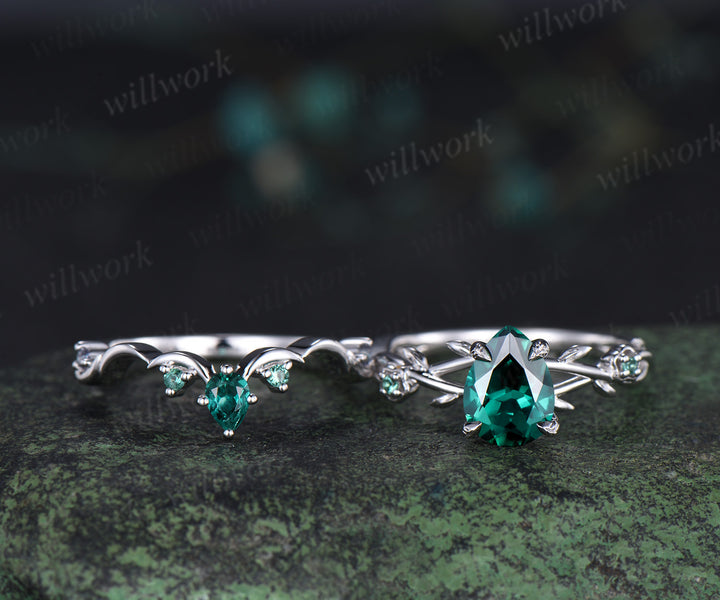 Pear cut emerald engagement ring floral twig split shank ring unique moon teardrop emerald wedding band bridal set gifts for her