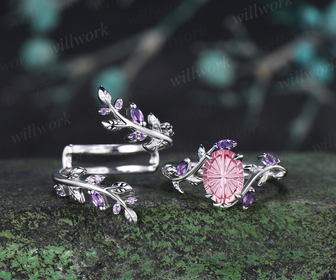Oval Fantasy Cut Padparadscha Leaf Vine Engagement Ring Amethyst Enhancer Wrap Band Nature Inspired Pink Sapphire Bridal Set