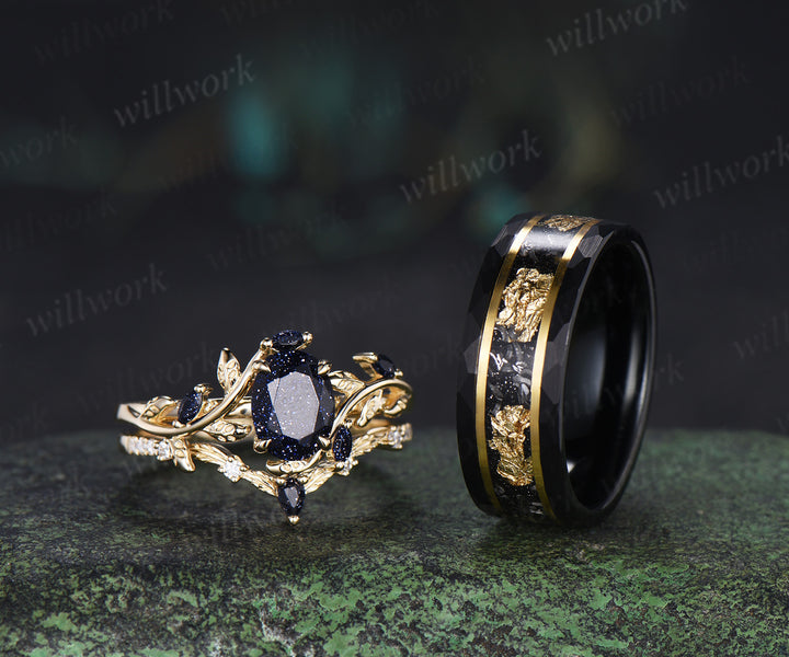 Nature Inspired Oval Blue Sandstone Leaf Ring Set & Tungsten Gold Flakes Men's Ring Unique Couple Wedding Rings