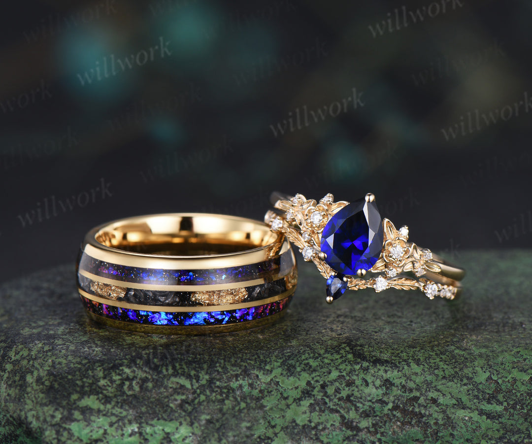 Nature Inspired Pear Sapphire Leaf Twig Ring Set & Tungsten Galaxy Nebula Men Blue Sandstone Band Couple Ring Set