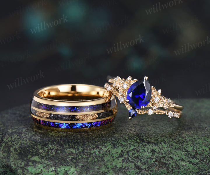 Nature Inspired Pear Sapphire Leaf Twig Ring Set & Tungsten Galaxy Nebula Men Blue Sandstone Band Couple Ring Set