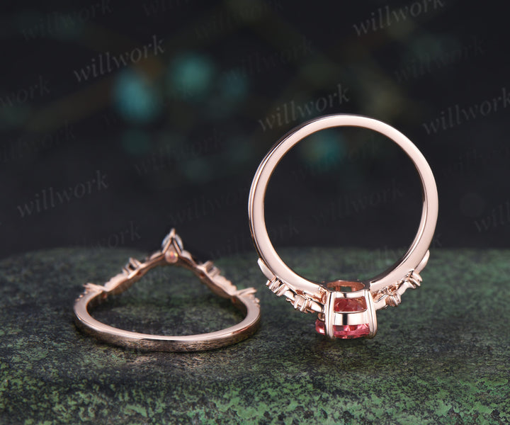 Vintage pear padparadscha pink sapphire bridal set 5 claw prong leaf floral moissanite wedding promise ring