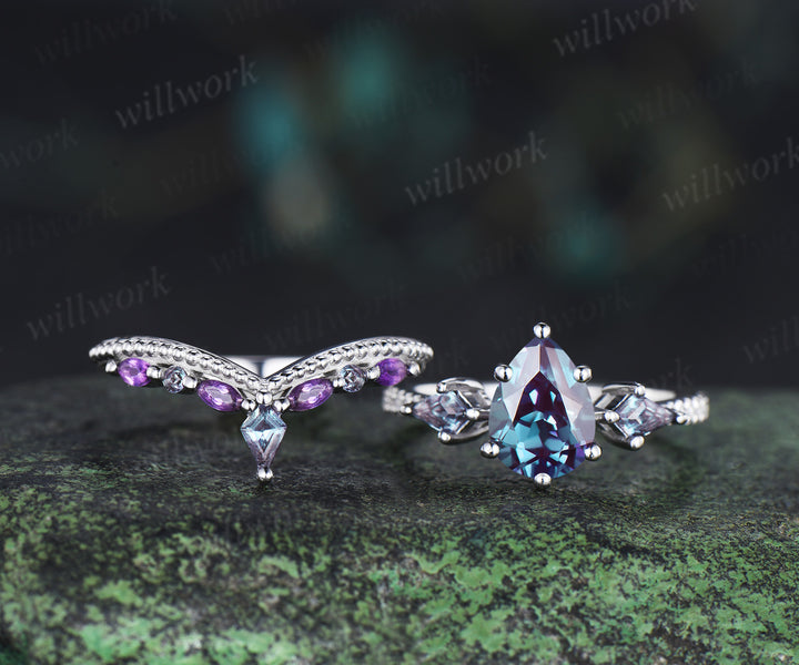 Pear cut alexandrite engagement ring set kite alexandrite half eternity diamond marquise amethyst stacking bridal set