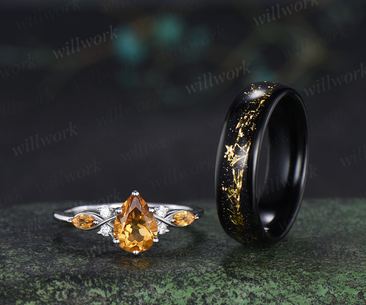 Pear Citrine Seven Stone Engagement Ring & Bold Tungsten Men Wedding Band Couple Rings