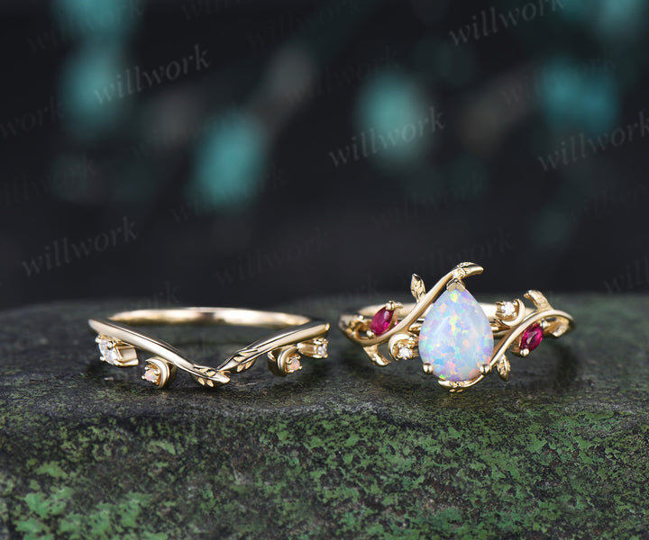 Vintage Teardrop Opal Engagement Ring Set Art Deco Moon Marquise Ruby Leaf Vine Ring Moissanite Band Nature Inspired Bridal Set
