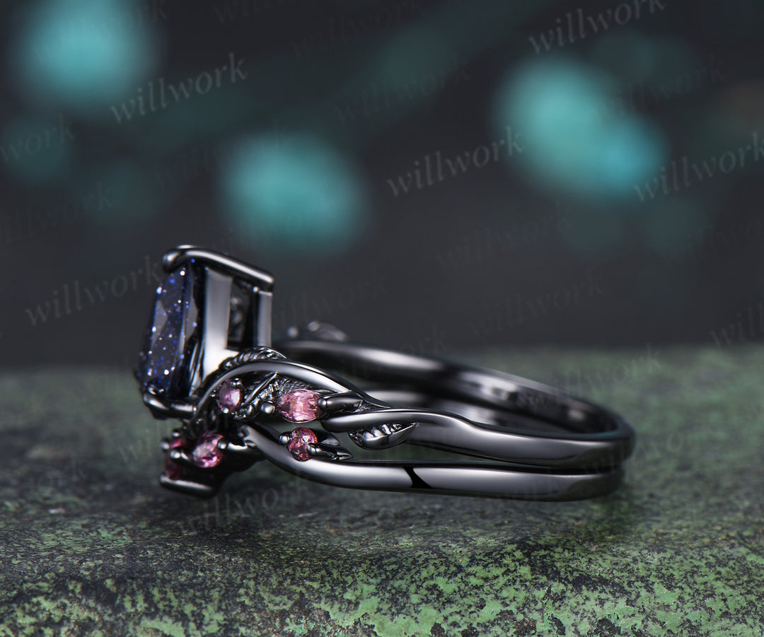 Teardrop blue sandstone ring set black gold leaf vine engagement ring with pink tourmaline accents galaxy gemstone bridal set