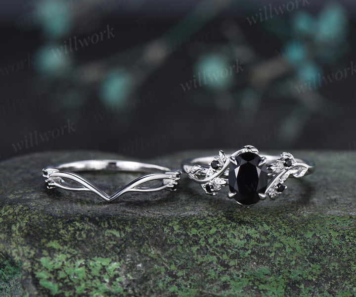 Nature Inspired Oval Cut Black Onyx Engagement Ring Set Leaf Vine Black Diamond Accent Promise Ring Curved Matching Band Unique Bridal Set