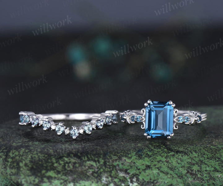 Vintage emerald cut London blue topaz engagement ring set filigree art deco blue topaz ring half eternity alexandrite wedding band bridal set