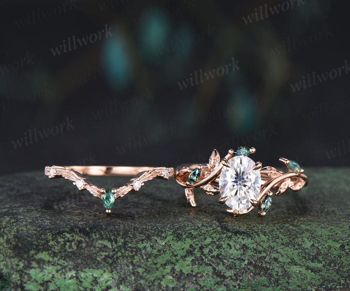 Vintage oval cut lab grown diamond engagement ring set leaf twig moss agates ring natural inspired bridal set