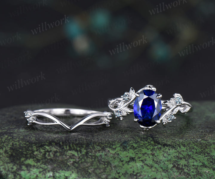 Art Deco Oval Sapphire Engagement Ring Sest Leaf Twig Branch Ring Alexandrite Split Shank Wedding Band Unique 2pc Nature Inspired Bridal Set