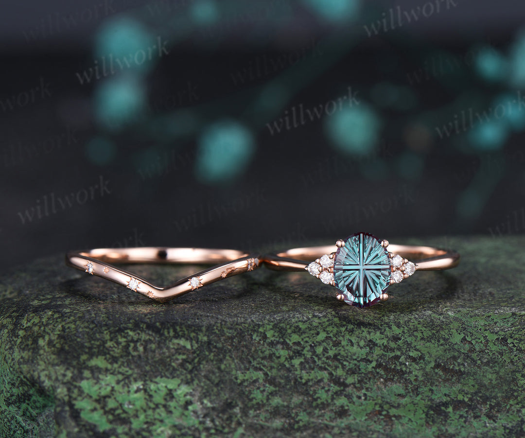 Oval Fantasy Cut Alexandrite Engagement Ring Set Moissanite Cluster Ring Star Wedding Band Color Change Gemstone Bridal Set