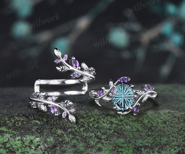 Oval Fantasy Cut Alexandrite Leaf Vine Engagement Ring Amethyst Twig Enhancer Band Nature Inspired Alexandirte Bridal Set