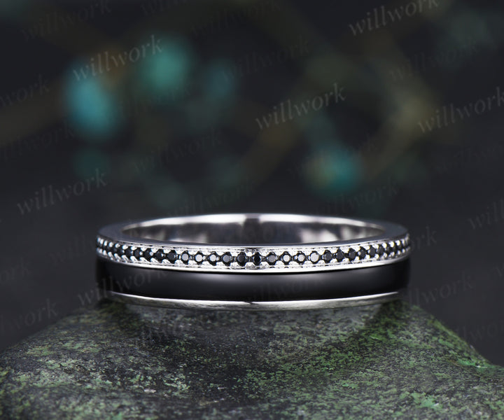 Pear Cut Black Onyx Leaf Twig Bridal Ring Set & Full Eternity Black Onyx Black Spinels Men Ring Unique Couple Ring Set