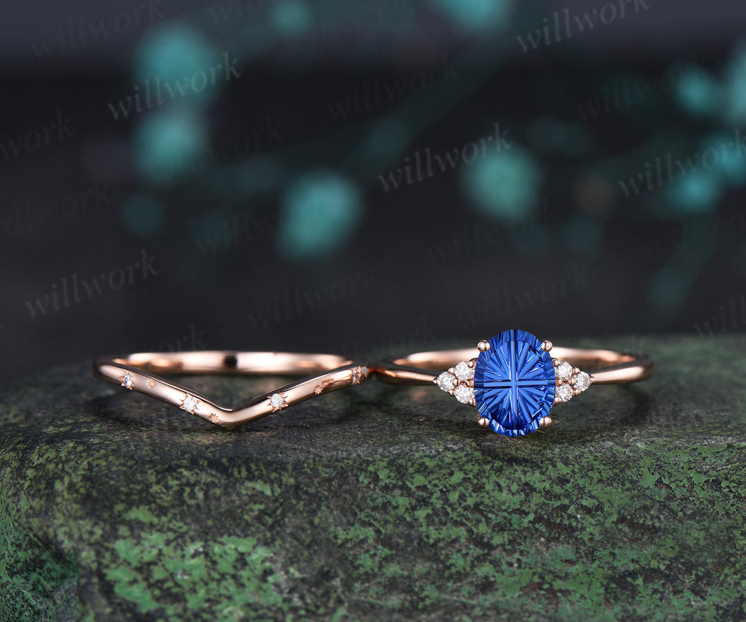 Oval Fantasy Cut Sapphire Engagement Ring Set Moissanite Cluster Promise Ring Star Wedding Band Unique Bridal Set